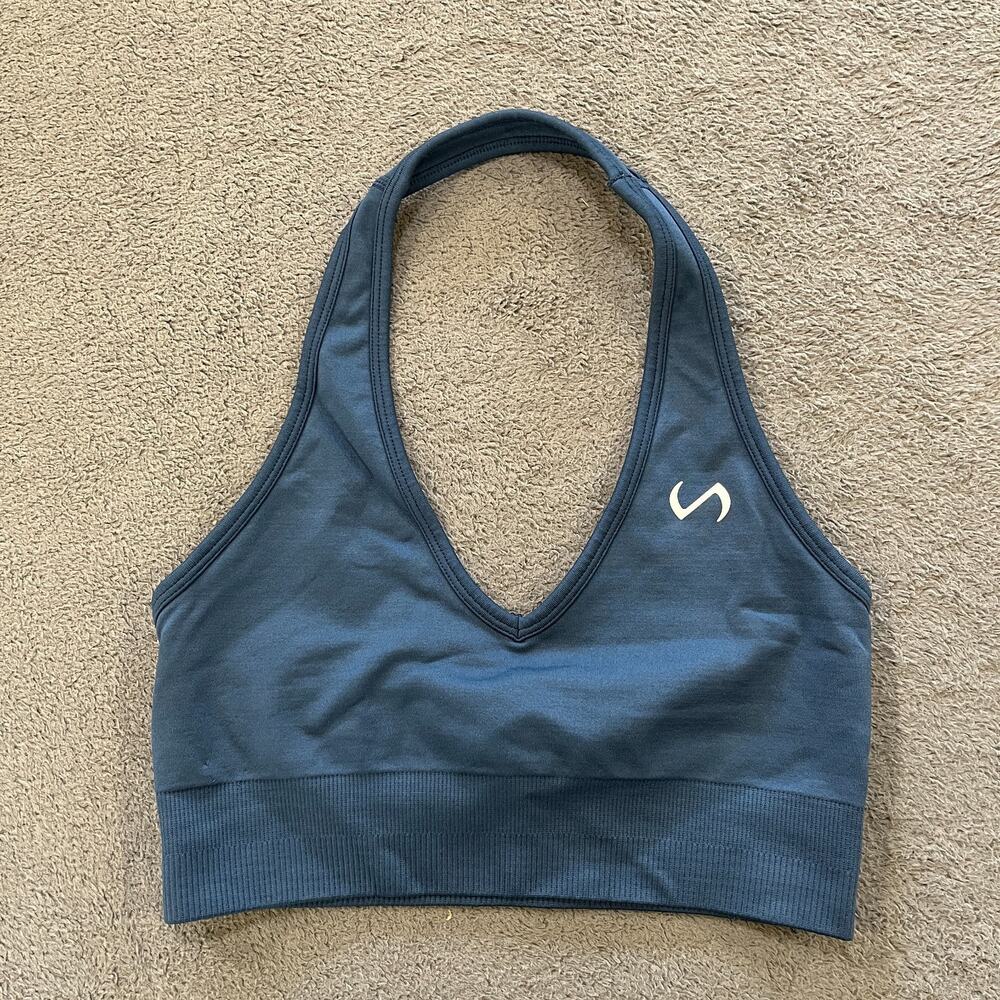 TLF Apparel Take Life Further Slate Blue Seamless Halter Sports Bra Women's Sz S